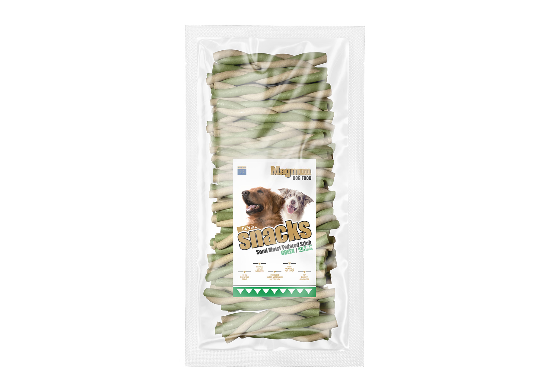 Pamlsek Magnum Dog Food Semi Moist Twisted Stick Green/White